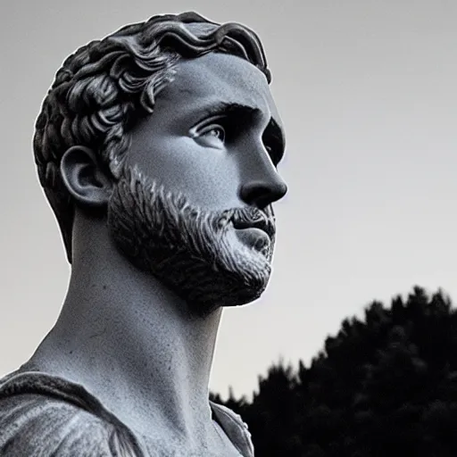 Prompt: ryan gosling as roman statue, dramatic light, reflective, clear face