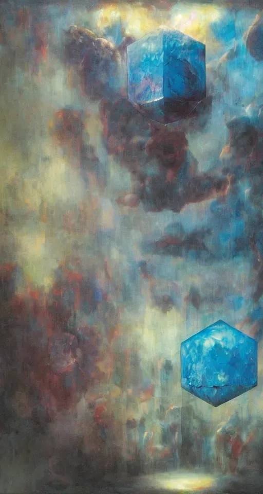 Image similar to a gigantic glowing crystal tesseract orb, high detailed beksinski painting, part by adrian ghenie and gerhard richter. masterpiece, deep colours, blue