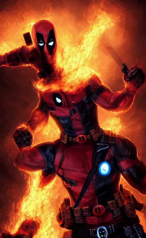 Image similar to deadpool as ghost rider, dynamic lighting, photorealistic fantasy concept art, trending on art station, stunning visuals, terrifying, creative, cinematic