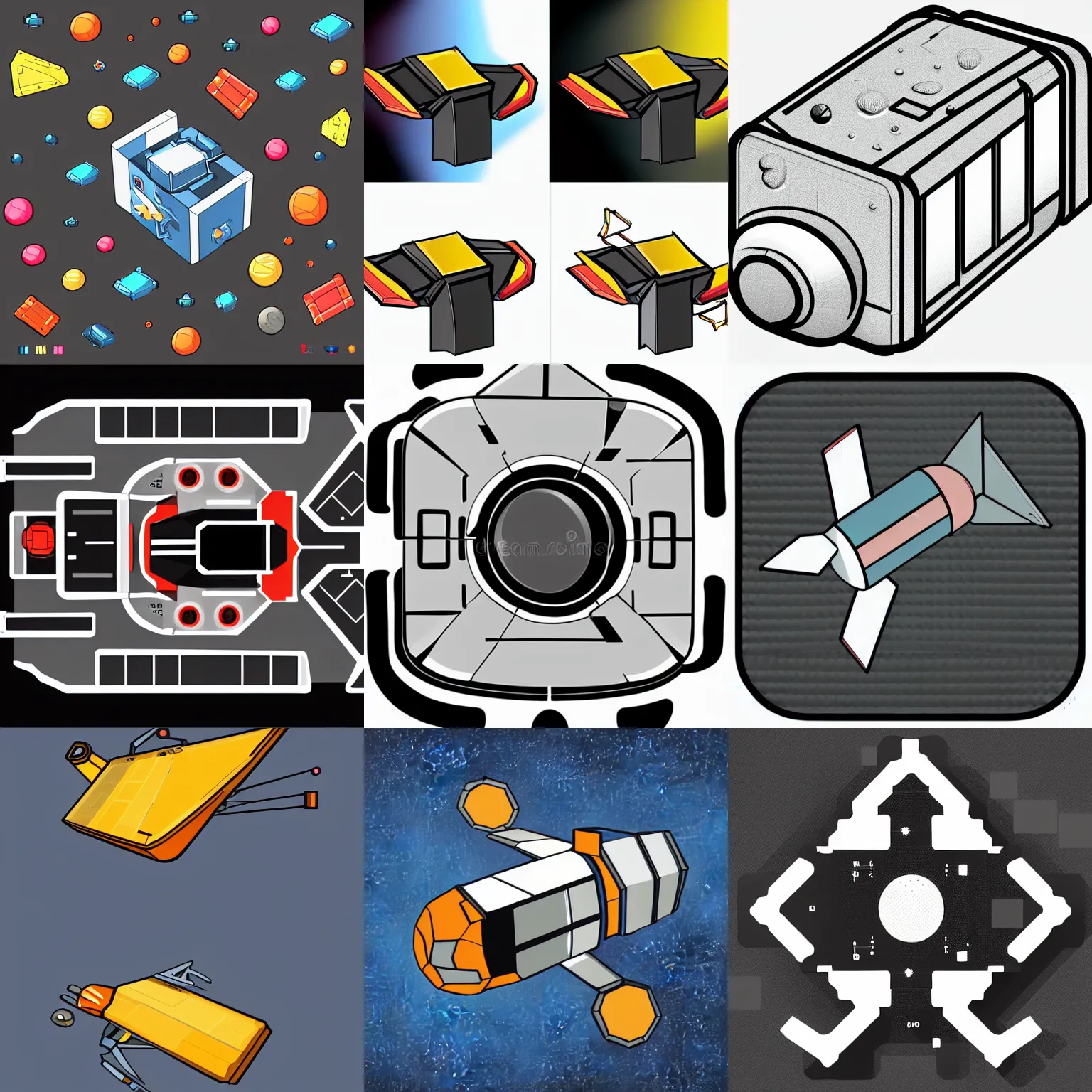 Prompt: stylized 2 d resource collection spacecraft module, two colors, black backround. inkscape, illustrator, vector graphics, bloom, 2 d game, topdown.