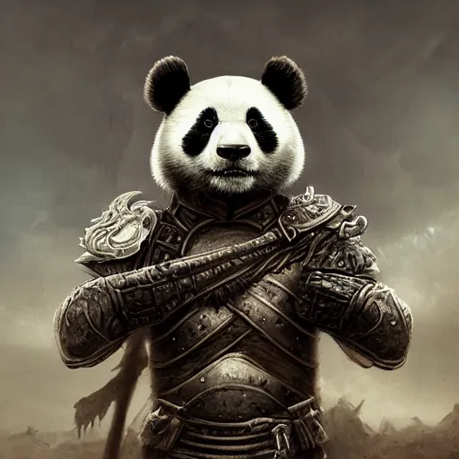 Prompt: warrior panda in armor, eerie, intricate, highly detailed, sorrow, dramatic, emotional, proud, matte painting, award - winning art, trending on artstation, digital art, 8 k