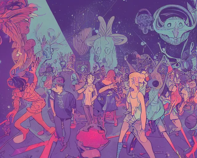 Prompt: a study of cell shaded cartoon of fairies raving in a nightclub, illustration, wide shot, subtle colors, post grunge, concept art by josan gonzales and wlop, by james jean, Victo ngai, David Rubín, Mike Mignola, Laurie Greasley, highly detailed, sharp focus, alien, Trending on Artstation, HQ, deviantart, art by artgem