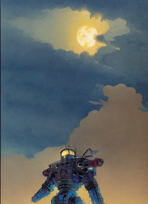 Prompt: vintage anime cinematic robot warrior emerging from moonlit tsunami wave over city by Ivan Aivazovsky, watercolor concept art by Syd Mead, by william herbert dunton, watercolor strokes, japanese woodblock, by Jean Giraud