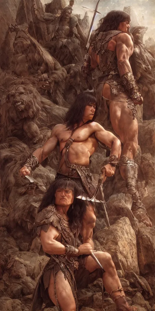 Image similar to conan the barbarian, masterpiece by Edgar Maxence and Ross Tran and Michael Whelan, gustav dore, 8k, octane render
