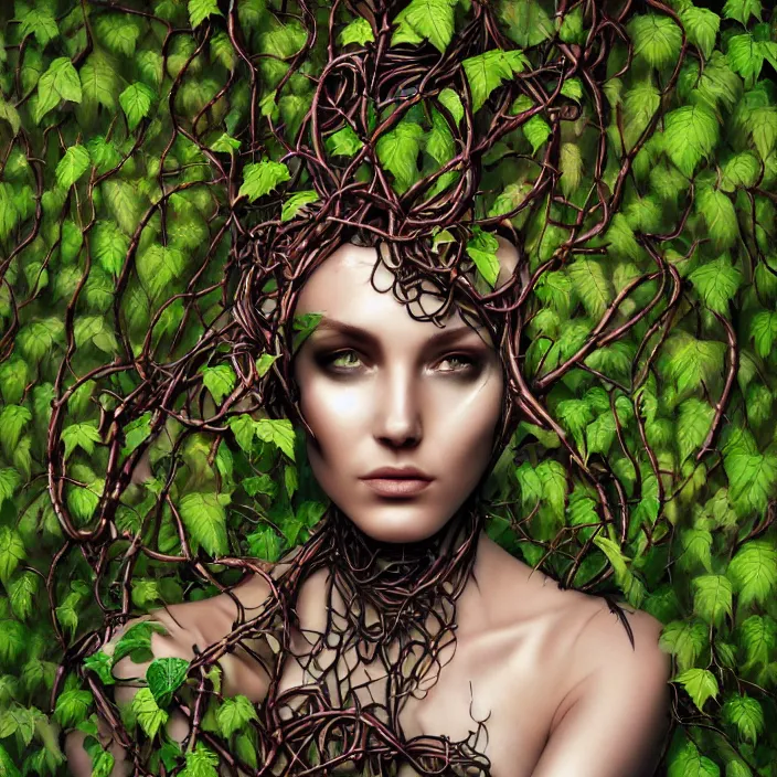 Prompt: cyborg woman, artificial intelligence, portrait, entwined in vines, branches and ivy, dark forest theme, sci - fi, highly detailed, elegant, hyper - realistic