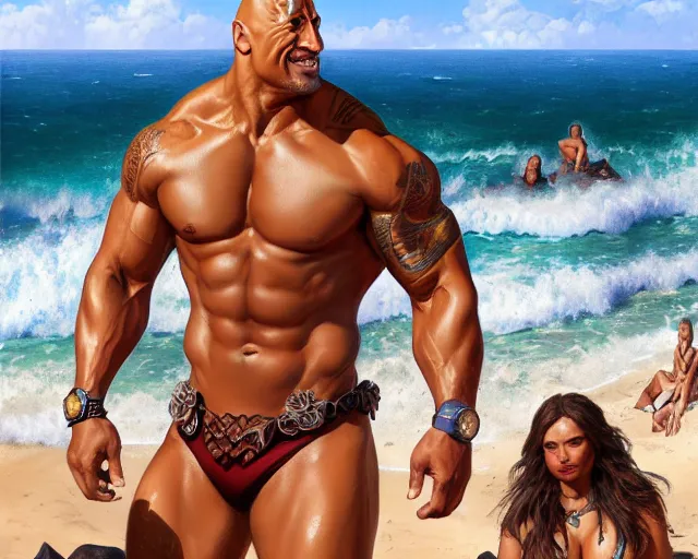 Image similar to photography of dwayne johnson wearing a bikini at the beach, deep focus, d & d and mtg, fantasy, intricate, elegant, highly detailed, digital painting, artstation, concept art, matte, sharp focus, illustration, hearthstone, art by artgerm and greg rutkowski and alphonse mucha