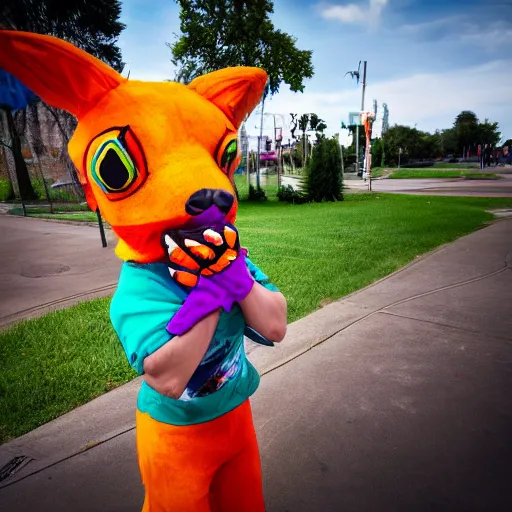 Prompt: photo of a person in a colorful fursuit stalking its prey