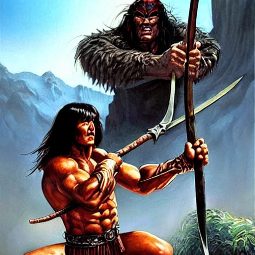 Image similar to “ conan the barbarian ” swings a “ great axe ” at a “ giant black spider, with red eyes ”. painting by ernie chan and earl norem.