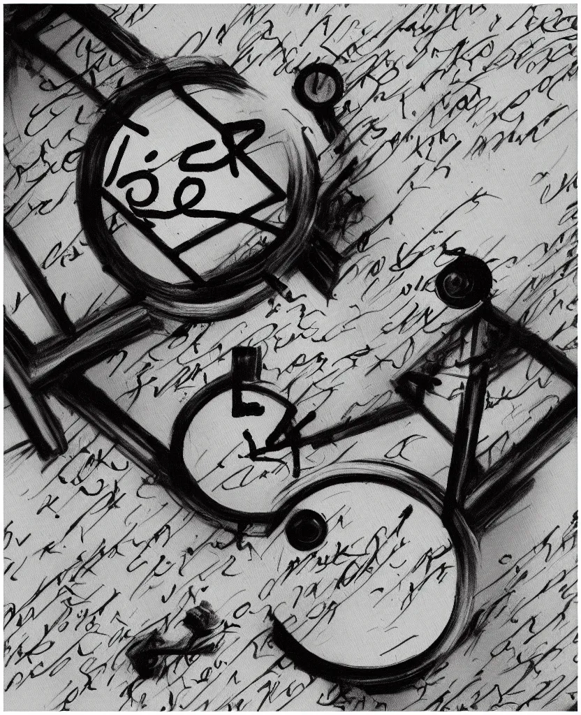 Image similar to cog video still frames of a painting of a hand writing a letter, war in background, stop motion, minimal, black and white, painted by escher