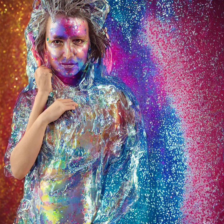 Image similar to octane render portrait by wayne barlow and carlo crivelli and glenn fabry, a woman wearing a clear plastic suit full of colorful thick fluid full of glitter, standing in front of a giant sheet of tie - dye aluminum foil, cinema 4 d, ray traced lighting, very short depth of field, bokeh