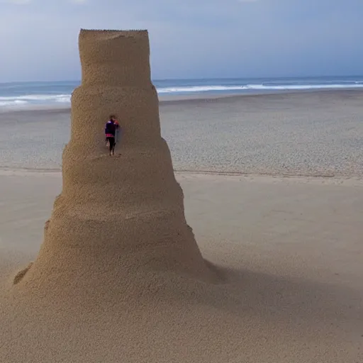 Image similar to a tower of sand on the beach that's taller than the people around it