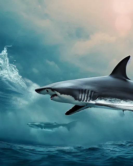 Image similar to a shark riding the sea attached on a boat with a rope on his fin, epic, hyperdetailed, 4 k, hyperrealistic