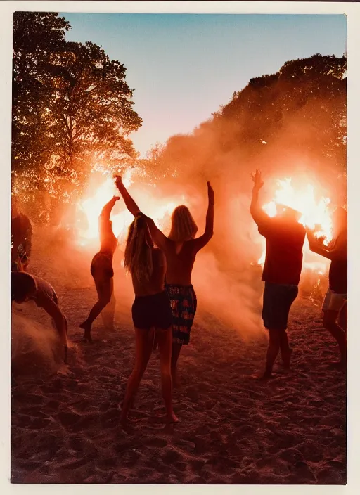 Image similar to photograph of people dancing around a bonfire on the beach, flash polaroid, golden hour