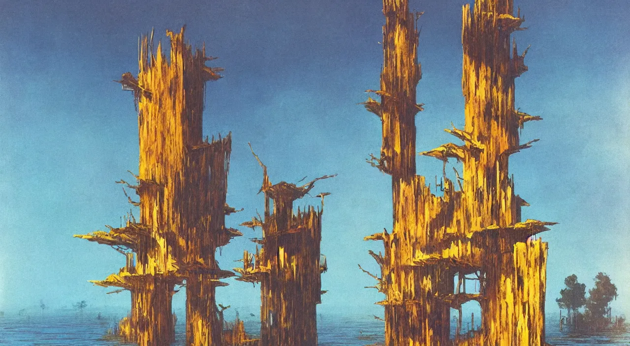 Prompt: single flooded simple wooden tower, very coherent and colorful high contrast!! masterpiece by bruce pennington, minimalist, dark shadows, sunny day, hard lighting