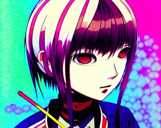 Prompt: takashi murakami, ilya kuvshinov illustration colorful anime portrait of reol, murata range, blue submarine no 6, manga, fine detail, perfect anime face, dramatic lighting, dynamic composition, moody, vivid, alphonse mucha, fine stippled lighting, grain, art deco, cel shading, yoshinari yoh, last exile