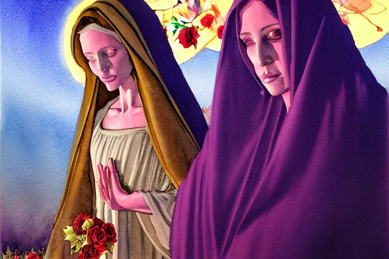 Image similar to a hyperrealist watercolour character concept art portrait of the virgin mary. there is twilight zone vibe. on well lit night in las vegas. there is a car. roses adorn. a ufo is in the background. by rebecca guay, michael kaluta, charles vess and jean moebius giraud