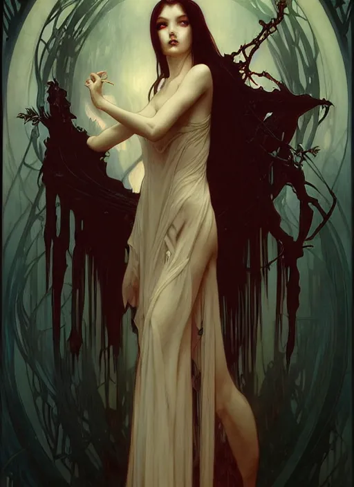 Image similar to masterpiece, ephemeral vampire girl concept art, stylized, doom, elegant, imperial, epic, intricate art by artgerm, alphonse mucha, h. r. giger, greg rutkowski, josan gonzalez, zdizslaw beksinski, gothic darkness, melacholy