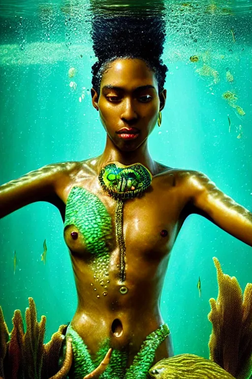 Image similar to hyperrealistic precisionist cinematic half underwater scene with fish and algae, very expressive! translucent elegant african goddess getting out of water, gold jewerly, highly detailed face, digital art masterpiece, aykut aydogdu zener, dramatic volumetric light, long shot, low angle uhd 8 k, sharp focus