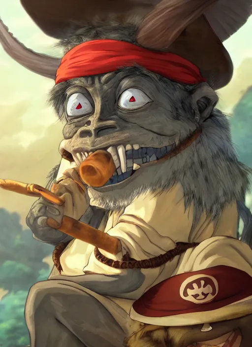 Image similar to studio ghibli pathfinder 2 e bestiary digital illustration of a goblin mixed with a monkey smoking a cigar, pirate themed, character portrait, unreal engine, hyper realism, realistic shading, cinematic composition, realistic render, octane render, detailed textures, studio lighting, photorealistic, wide shot