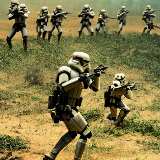 Image similar to star wars clone troopers combat soldiers in vietnam, photo, old picture, lush landscape, jungle, firearms, explosions, helicopters, aerial combat, active battle zone, flamethrower, air support, jedi, land mines, gunfire, violent, star destroyers, star wars lasers, sci - fi, jetpacks, agent orange, bomber planes, smoke, trench warfare