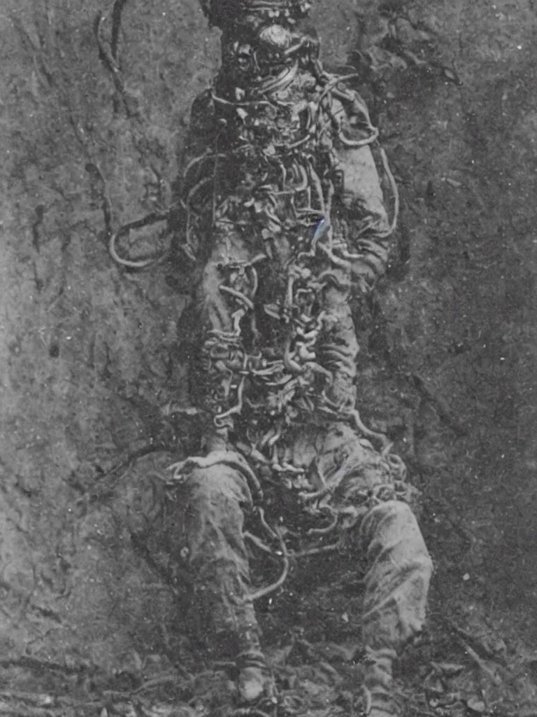Image similar to 1900 photo of soldier infected with cosmic horror, Lovecraftian