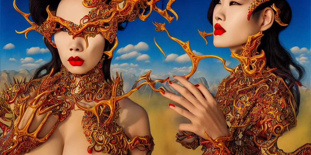 Prompt: giesha demon, innovative avant - garde art, deco fashion, asian women, highly detailed, photorealistic portrait by michael cheval, serene desert setting, crisp quality and light reflections, octane render, taror card with ornate border frame