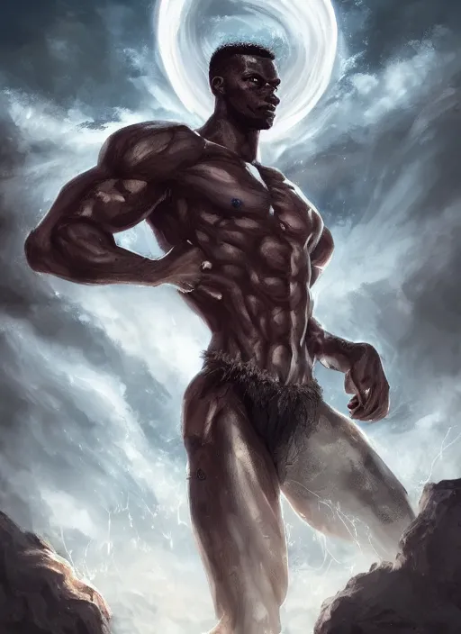 Image similar to a highly detailed illustration of short fade hair african god of lightning, evil summoning lightning from hands pose, moonlit clouds background, muscular, intricate, elegant, highly detailed, centered, digital painting, artstation, concept art, smooth, sharp focus, league of legends concept art, WLOP