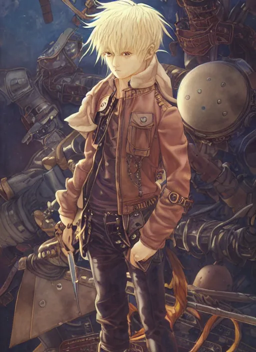 Image similar to prompt : ragnarok online portrait soft light painted by james jean and katsuhiro otomo and erik jones, inspired by akira anime, epic fantasy, a young blonde boy thief wearing plain leather thief clothes standing in a steampunk city, intricate oil painting, high detail illustration, sharp high detail, manga and anime 1 9 9 9