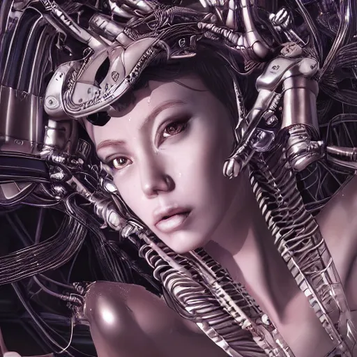 Image similar to the portrait of an absurdly beautiful, graceful, sophisticated, fashionable cyberpunk gynoid gravure idol, an ultrafine hyperdetailed illustration by kim jung gi, irakli nadar, intricate linework, neon wiring, porcelain skin, unreal engine 5 highly rendered, global illumination, radiant light, detailed and intricate environment