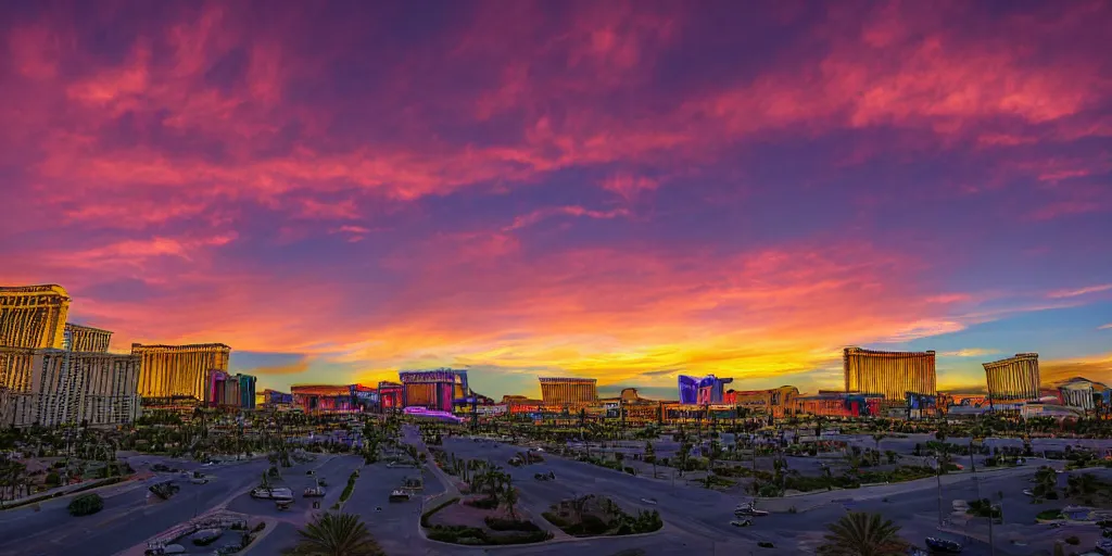 Image similar to sunset on las vegas, tetrachromacy, professional photo, landscape, dark, stunning sky, low horizon, award winning, colorful sky