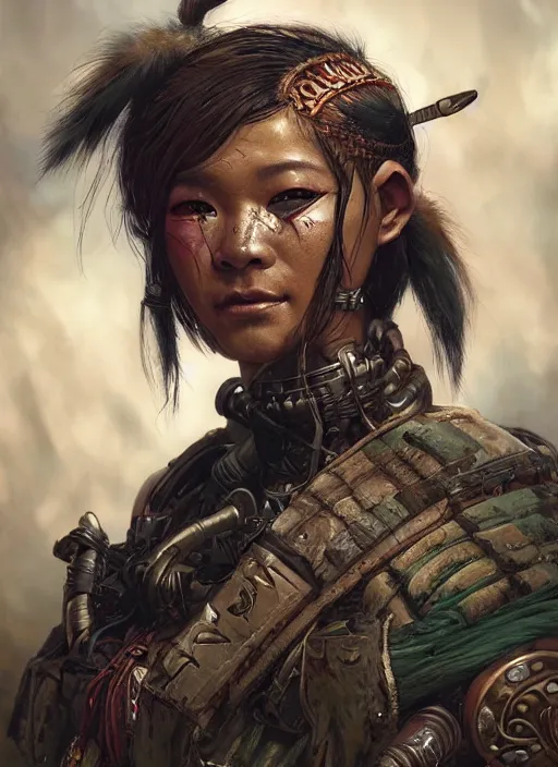 Image similar to hyper realistic photography portrait of postapocalyptic cyberpunk asian cyborg tribal warrior amazon cinematic, brom, mucha, moebius juan gimenez artstation, cgsociety