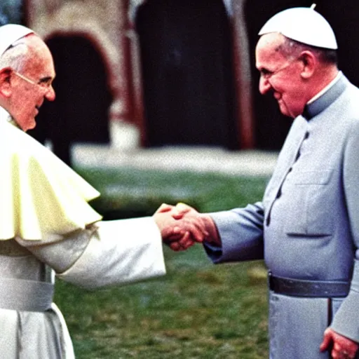 Image similar to pope john paul ii shaking hands with adolf hitler, realistic picture