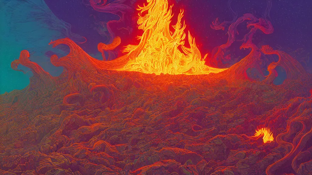 Image similar to highly detailed illustration of an amazing colorful fire in the middle of the night by kilian eng, moebius, nico delort, oliver vernon, joseph moncada, damon soule, manabu ikeda, kyle hotz, dan mumford, otomo, 4 k resolution