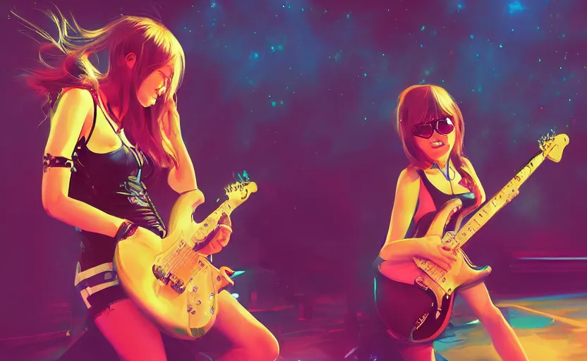 Image similar to rockstar girl playing electric guitar on stage. by amano yoshitaka, digital art, digital painting, artstation trending