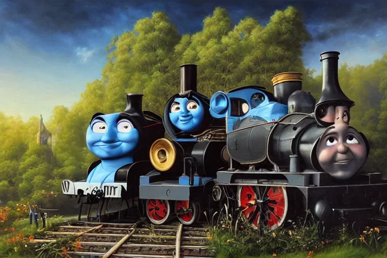 Image similar to elton john playing a piano on top of thomas the tank engine, an oil painting by ross tran and thomas kincade