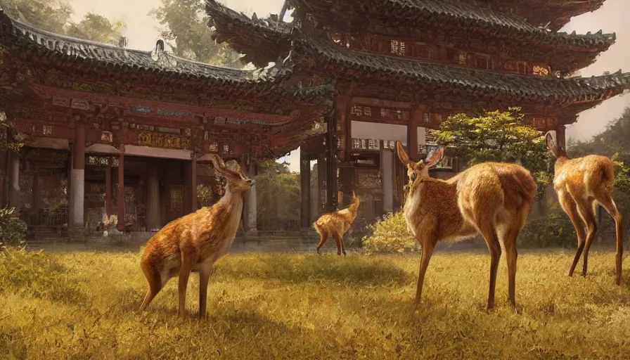 Image similar to craig mullins and ghibli digital illustration of 2 deers and camers a broken chinese temple unreal engine, hyper realism, realistic shading, cinematic composition, realistic render, octane render, detailed textures, photorealistic, wide shot