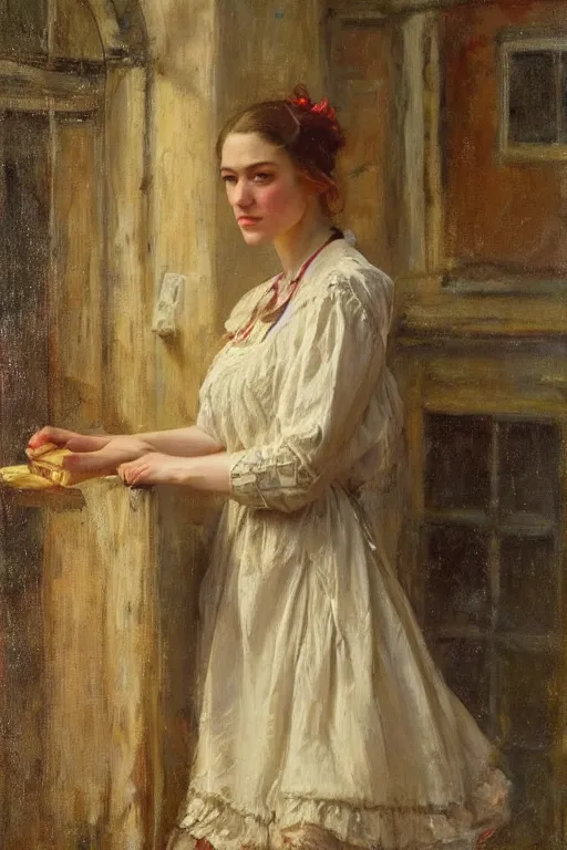 Image similar to Yvonne Strahovski by Solomon Joseph Solomon and Richard Schmid and Jeremy Lipking victorian genre painting full length portrait painting of a young beautiful woman traditional german barmaid in traditional costume