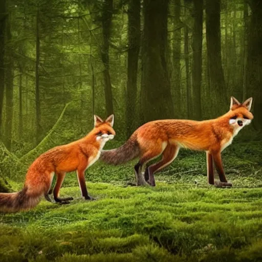 Image similar to an enchanting forest, foxes stand on their hind legs, look at the sky and wave goodbye with their forelegs. there is a purple unidentified flying object in the sky. fantasy. realistic photo. very clear shots.