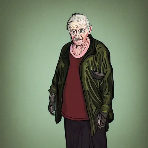 Prompt: detailed half body digital art of a old person wearing ragged and ruined clothes. the background is pure black with a little bit of glow behind the character