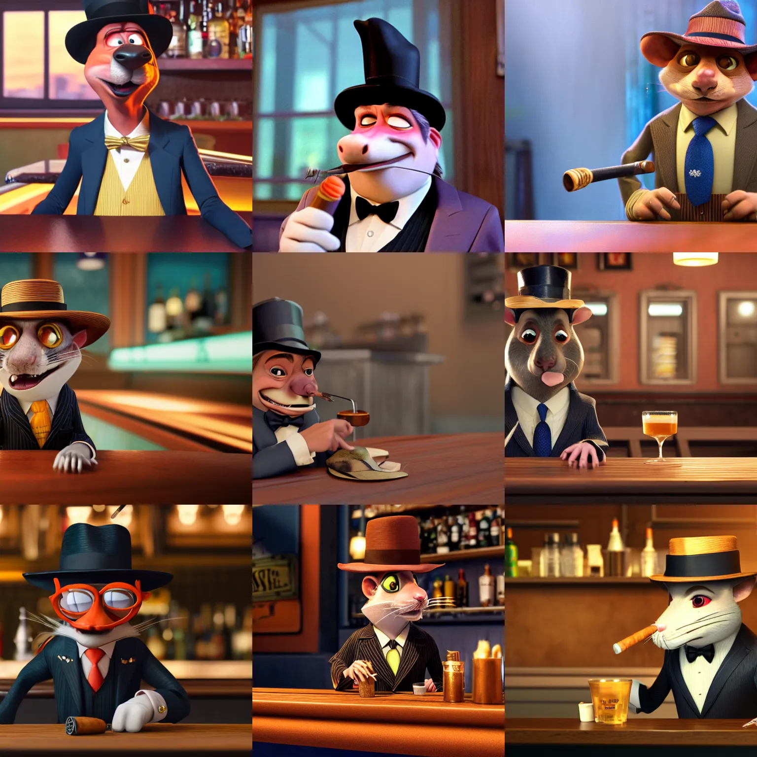 Prompt: A still of a male rat wearing a pinstriped suit and mafia-style hat, sitting at a bar and smoking a cigar in an animated Disney Pixar movie, 35mm f2.8, 4k, artstation, PBR materials, Pixar renderman render