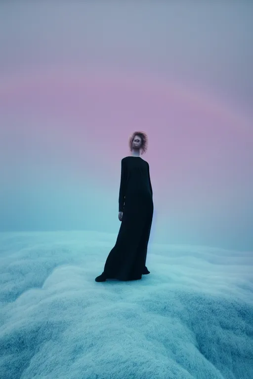 Image similar to high quality pastel coloured film close up wide angle photograph of a model wearing clothing resting on cloud furniture in a icelandic black rock!! environment in a partially haze filled dreamstate world. three point light, rainbow. photographic production. art directed. pastel colours. volumetric clouds. pastel gradient overlay. waves glitch artefacts. extreme facial clarity. 8 k. filmic.