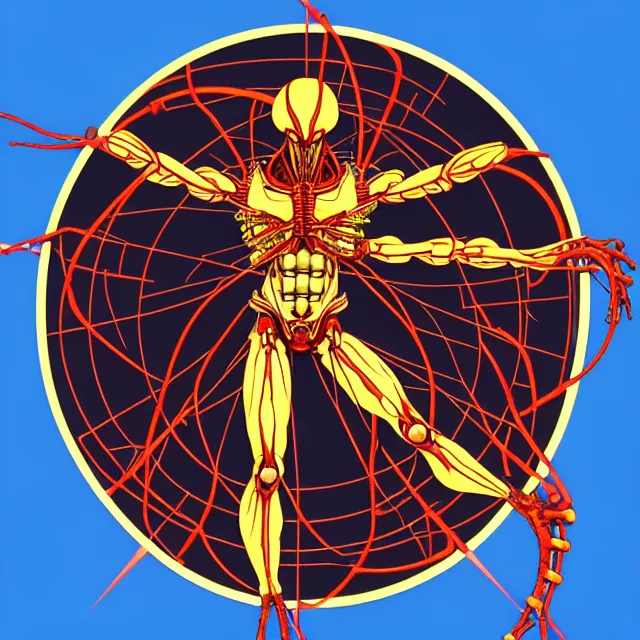 Image similar to full profile of evangelion xenomorph as circular vitruvian man by biomechanical, ultra wide angle, full body, no crop, golden ratio, ultra details