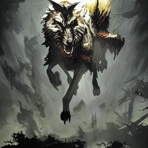 Image similar to king of the wolves. By Travis Charest, James Gurney, and Ashley Wood. dramatic lighting. Magic the gathering. digital painting.