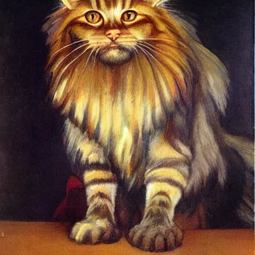 Prompt: soviet painting of ginger maine coon with white beard by isaak brodsky, walter womacka, czeslaw znamierowski, vladimir pchelin, kuzma petrov - vodkin, igor berezovsky