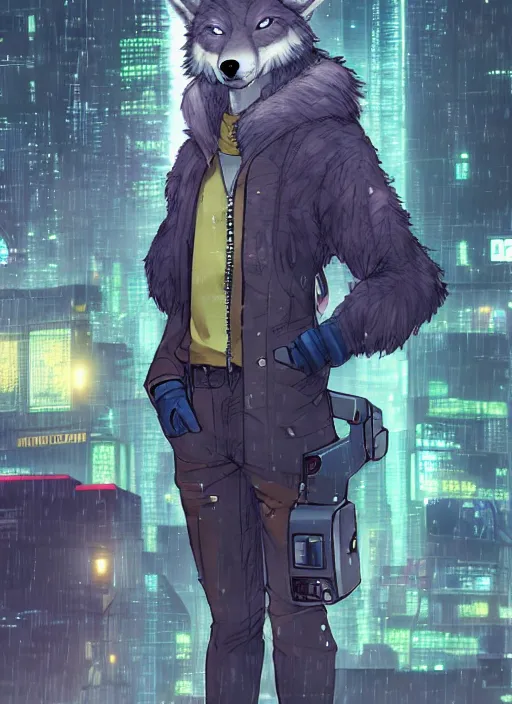 Image similar to character portrait of a male anthro wolf fursona with a tail and a cute beautiful attractive furry face wearing stylish cyberpunk clothes in a cyberpunk city at night while it rains. hidari, color page, tankoban, 4K, tone mapping, Akihiko Yoshida.