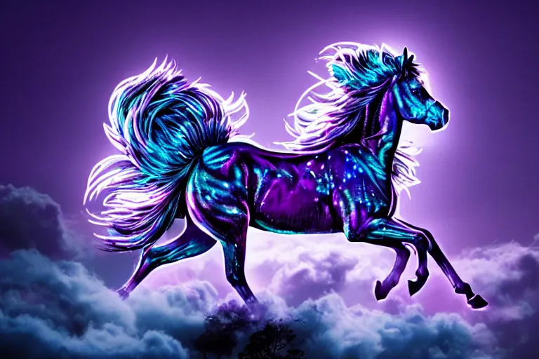 Prompt: a stunning horse with bioluminescent mane and tail running in the clouds by sandra chevrier and greg rutkowski, purple blue color scheme, celtic neon runes, vaporware, retro, outrun, high key lighting, volumetric light, digital art, highly detailed, fine detail, intricate, ornate, complex, octane render, unreal engine, photorealistic