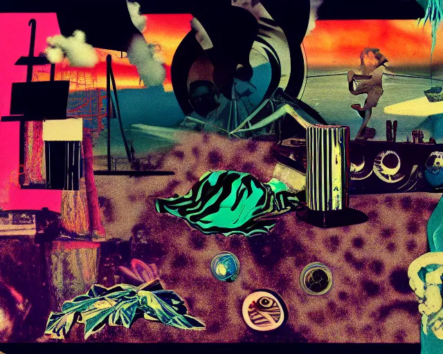 Prompt: cut out collage, film noir, break of dawn on Jupiter, punk party, classic greek mythology, aquatical plants, steam punk grafitti, painted part by moebius, part by Michel Gondry , composition by Chris Cunningham, VHS quality, digital glitches