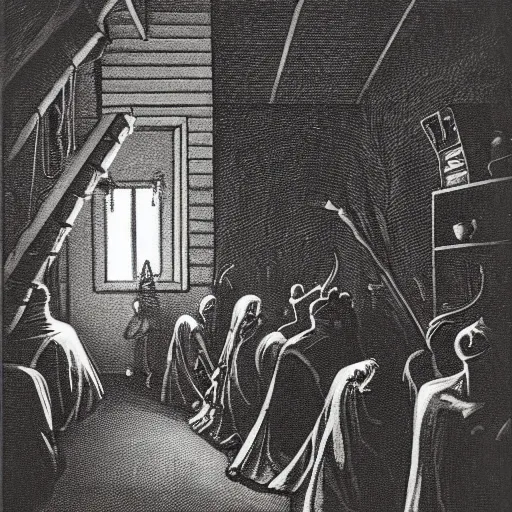 Image similar to Little devil crowd in the attic, dark, shadows, night