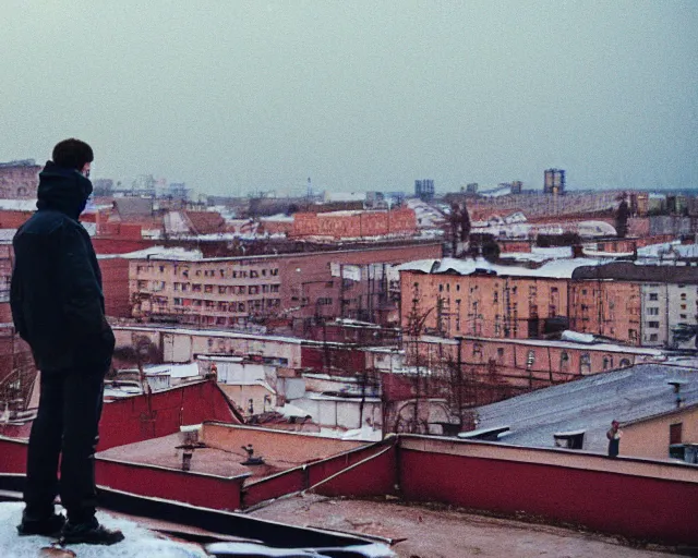 Image similar to lomo photo of man standing on the roof of soviet hrushevka, small town, cinestill, bokeh, out of focus