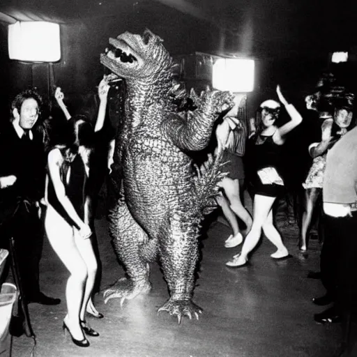 Image similar to extremely realistic toho godzilla partying at studio 5 4 b & w grainy photograph lots of celebrities including andy warhol